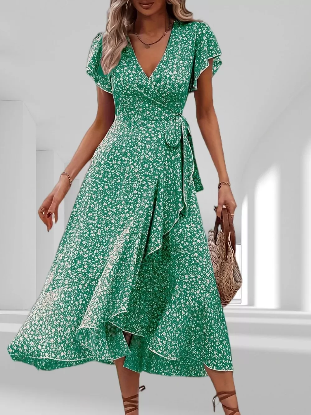 Floral Print Ruffle Hem Wrap Midi Dress, image 4