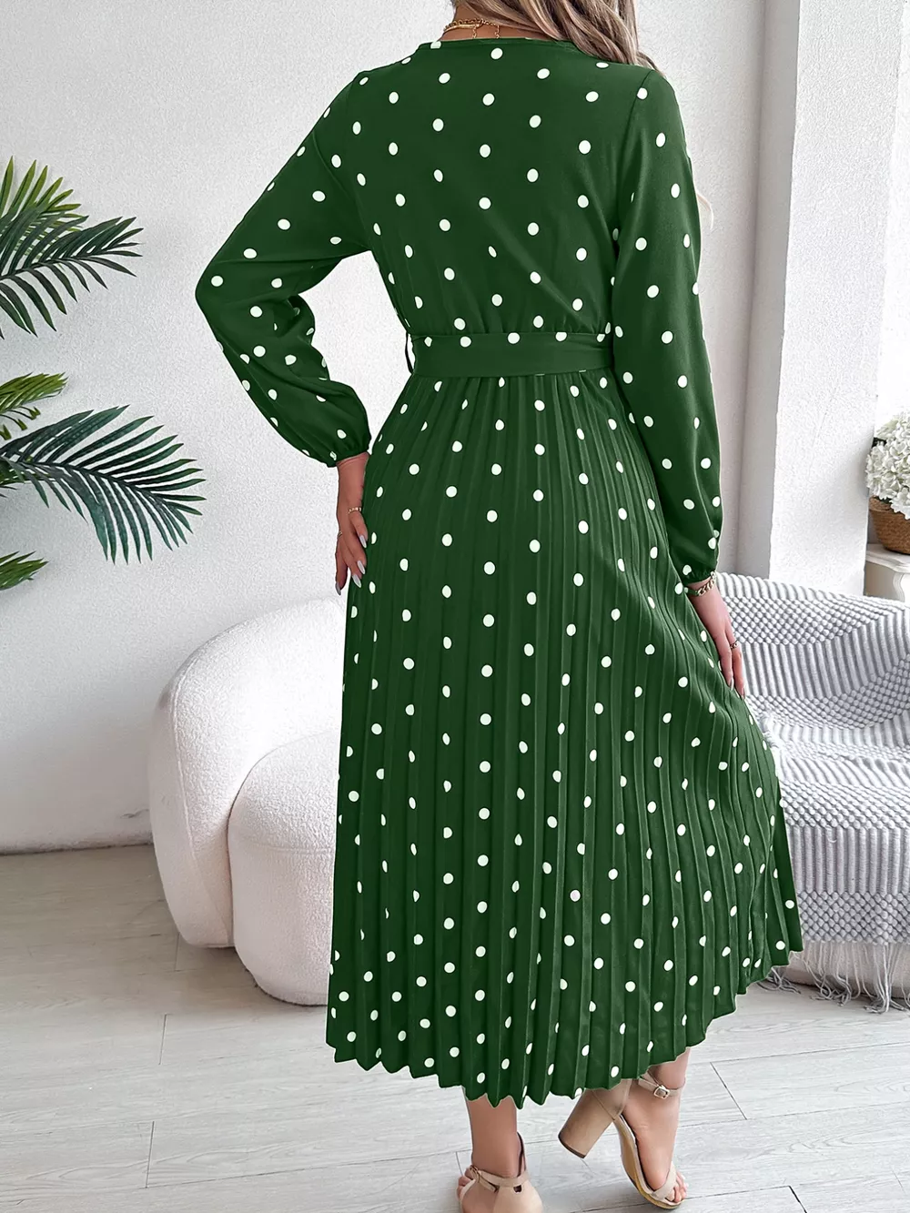 Front Tie Polka Dot Midi Pleated Dress, image 17