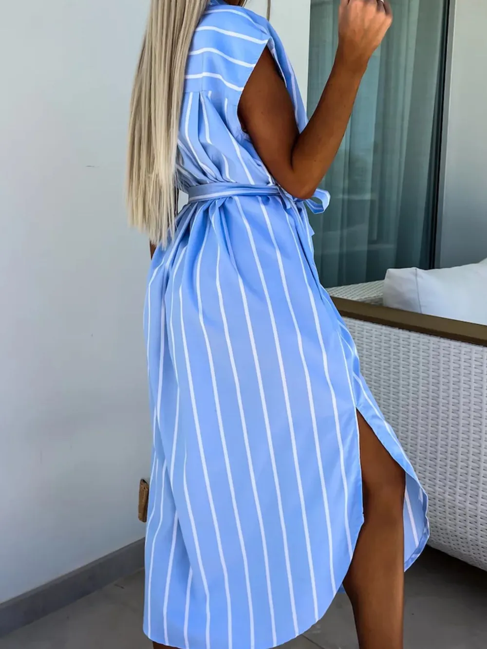 Striped Tie Waist Short Sleeve Dress, image 8