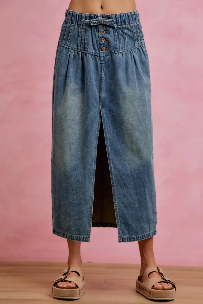 Pleated Washed Denim Skirt With Front Slit, image 2