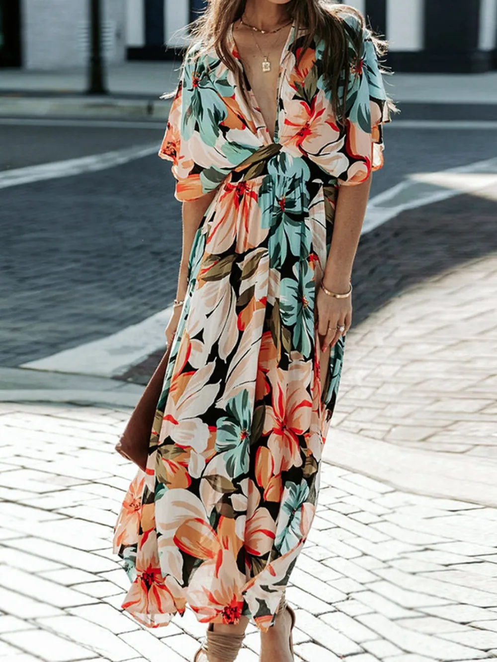 Floral Plunge Half Sleeve Dress, image 4