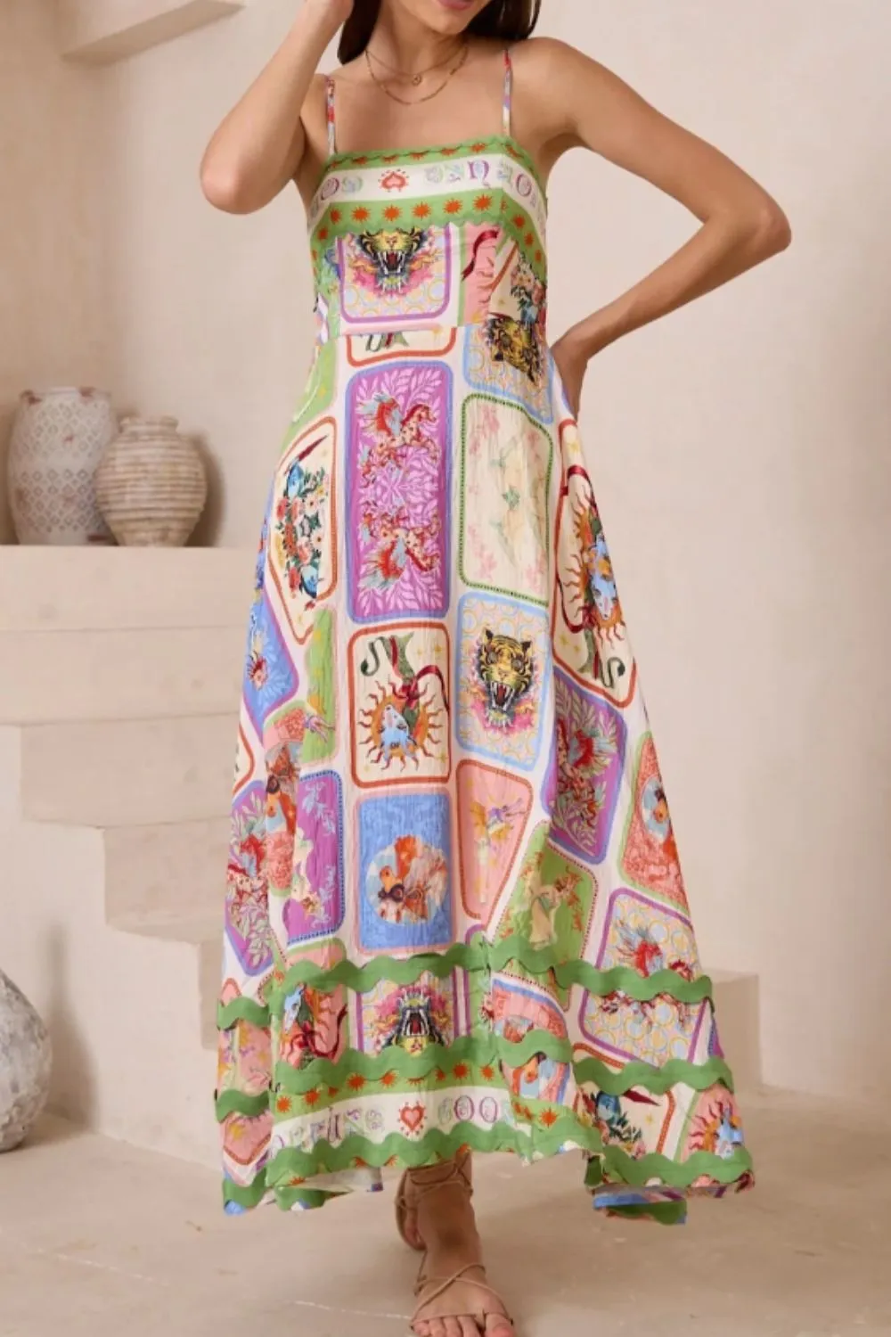 Smocked Printed Square Neck Cami Dress, image 2