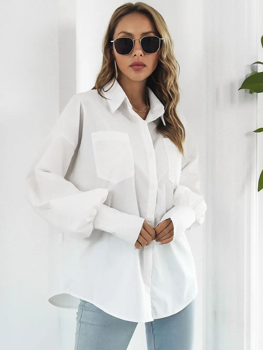 Button Up Dropped Shoulder Lantern Sleeve Shirt, image 8