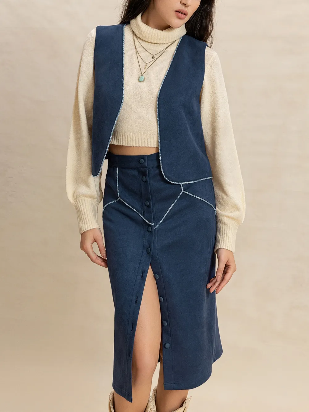 Open Front Vest and Buttoned Skirt Set, image 7