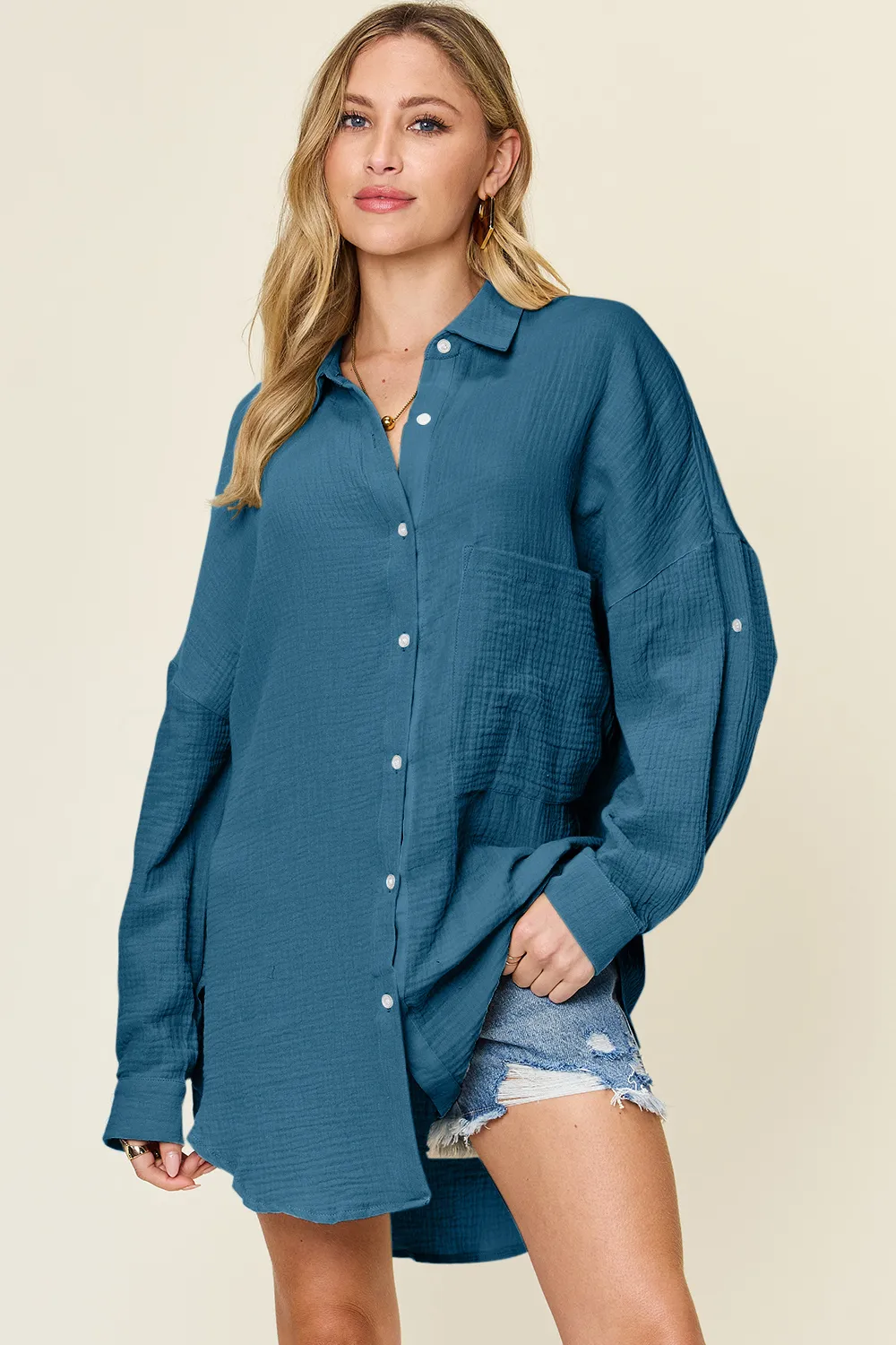 Full Size Pocketed Texture Button Up Shirt, image 8