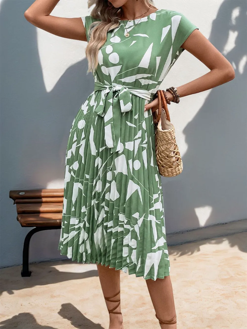 Tied Pleated Printed Cap Sleeve Dress, image 19