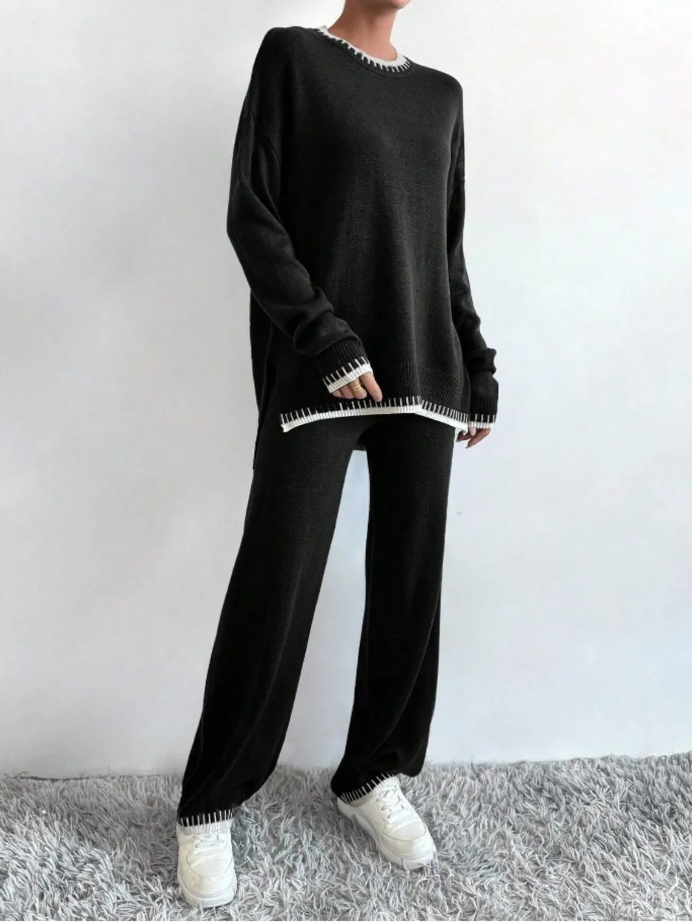 Side Slit Contrast Trim Round Neck Top and Pants Sweater Set, image 3