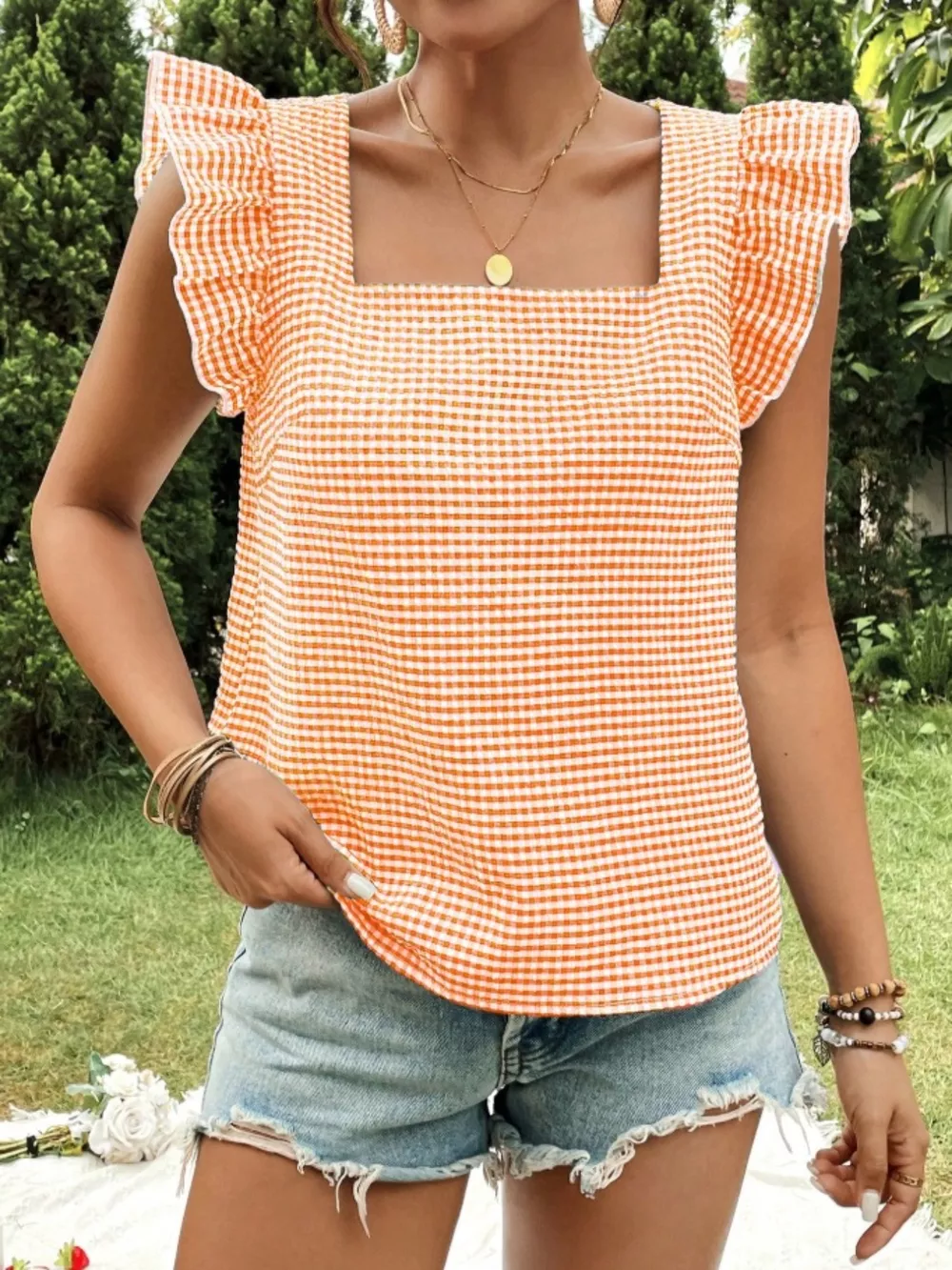Gingham Ruffle Sleeve Square Neck Blouse, image 13