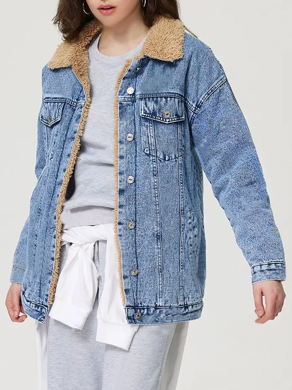 Button Up Collared Neck Plush Denim Jacket, image 5