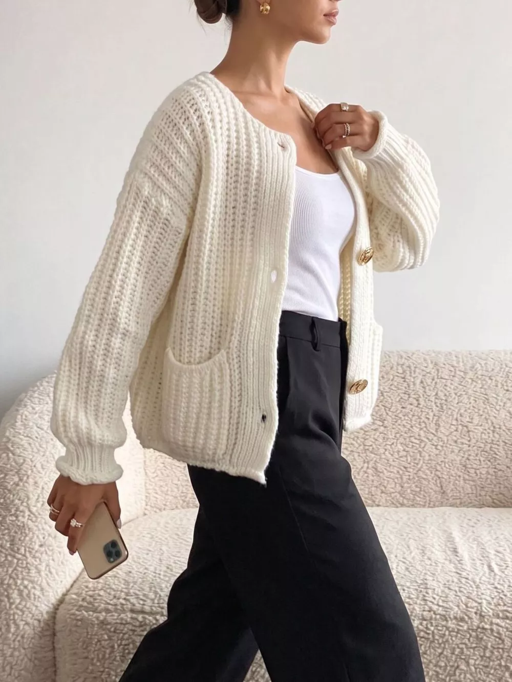Ribbed Knit Cardigan with Gold-Tone Buttons, image 2