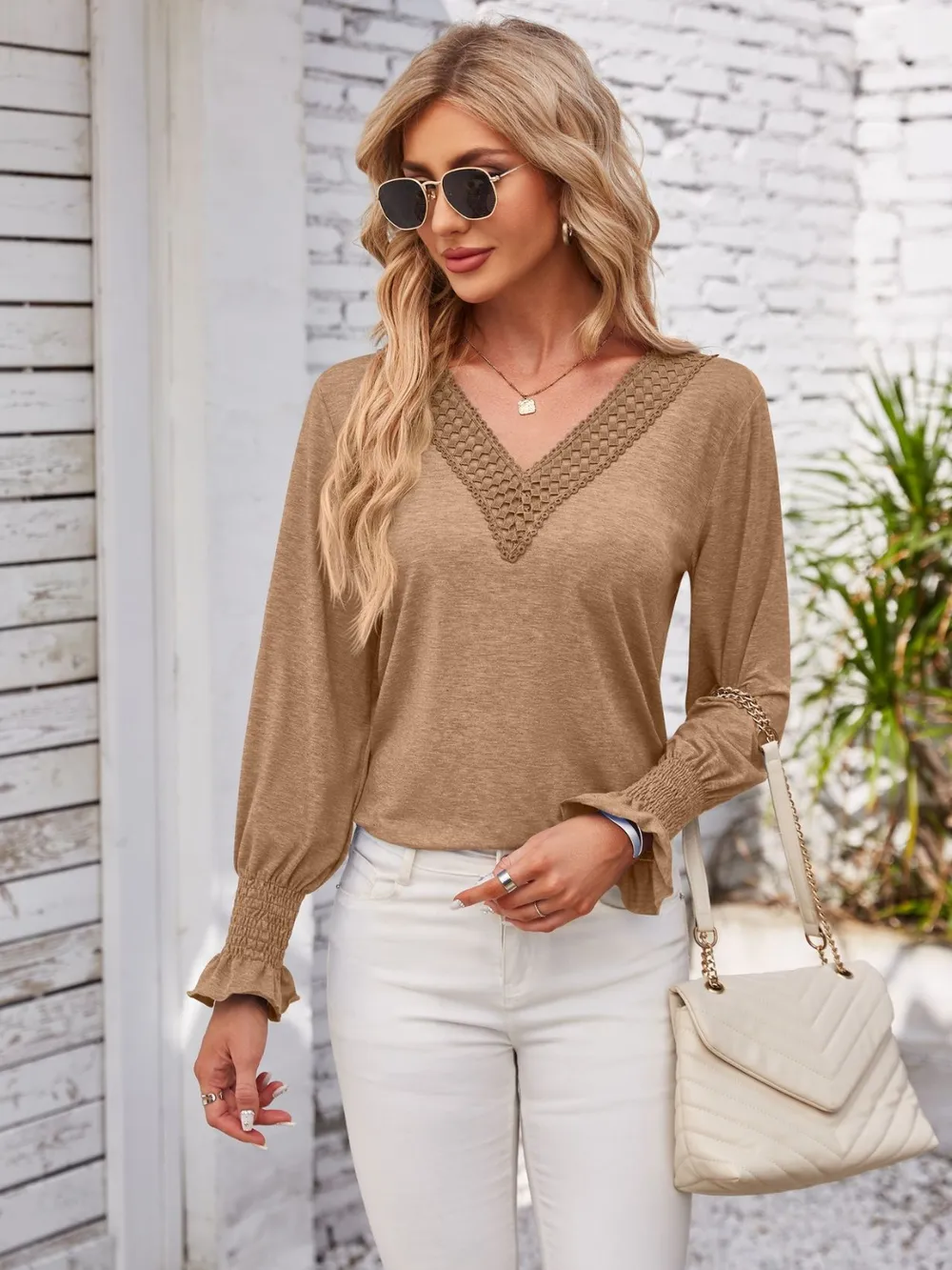 Smocked V-Neck Long Sleeve Blouse, image 16
