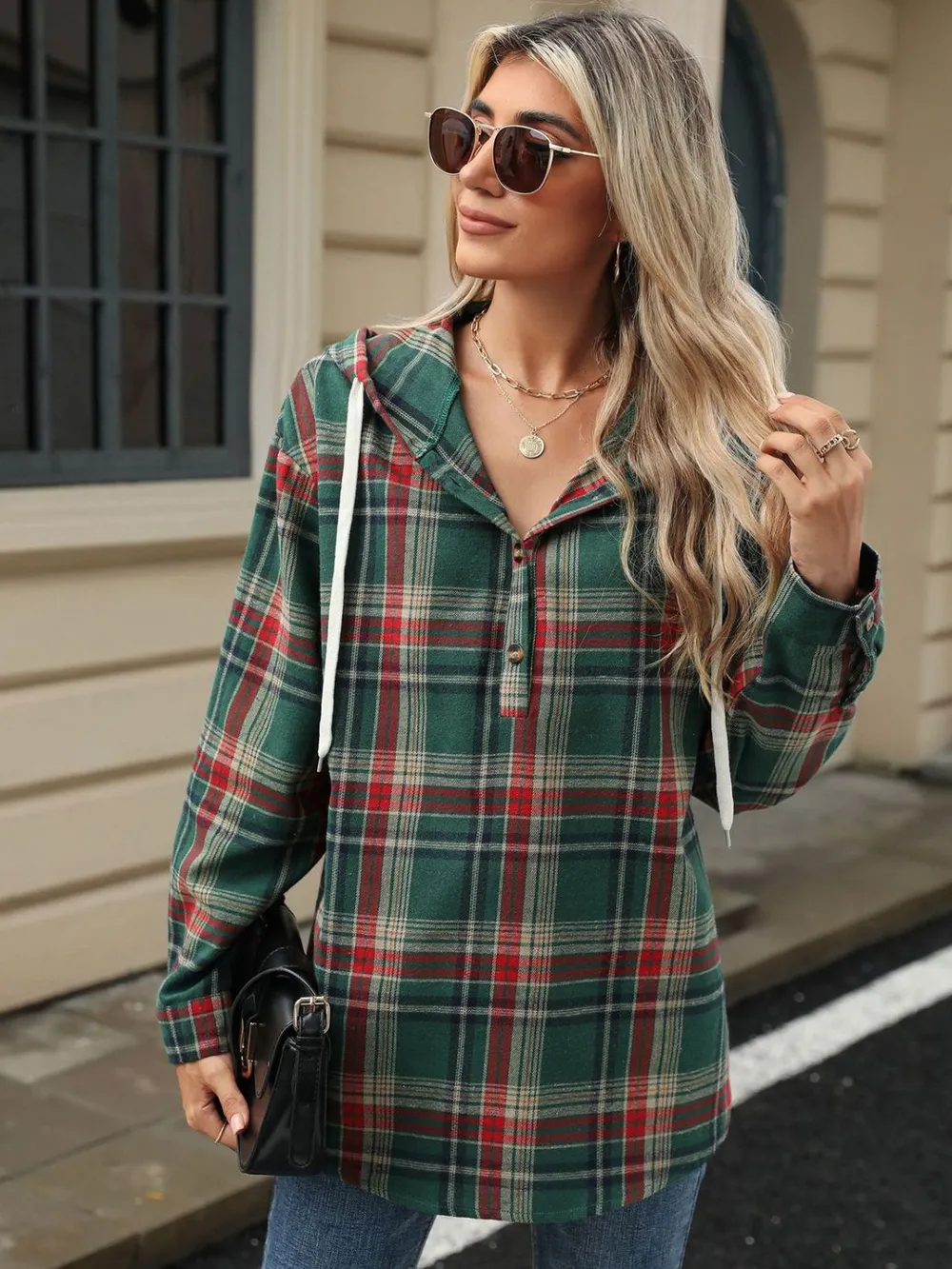 Drawstring Plaid Hooded Long Sleeve Top, image 7