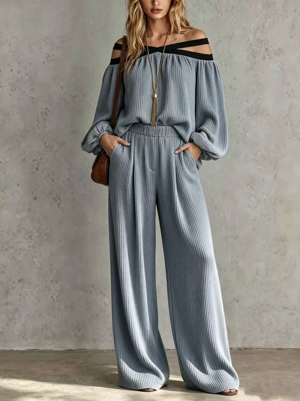 Off-Shoulder Crisscross Cutout Ribbed Knit Top and Wide-Leg Pants Set, image 4