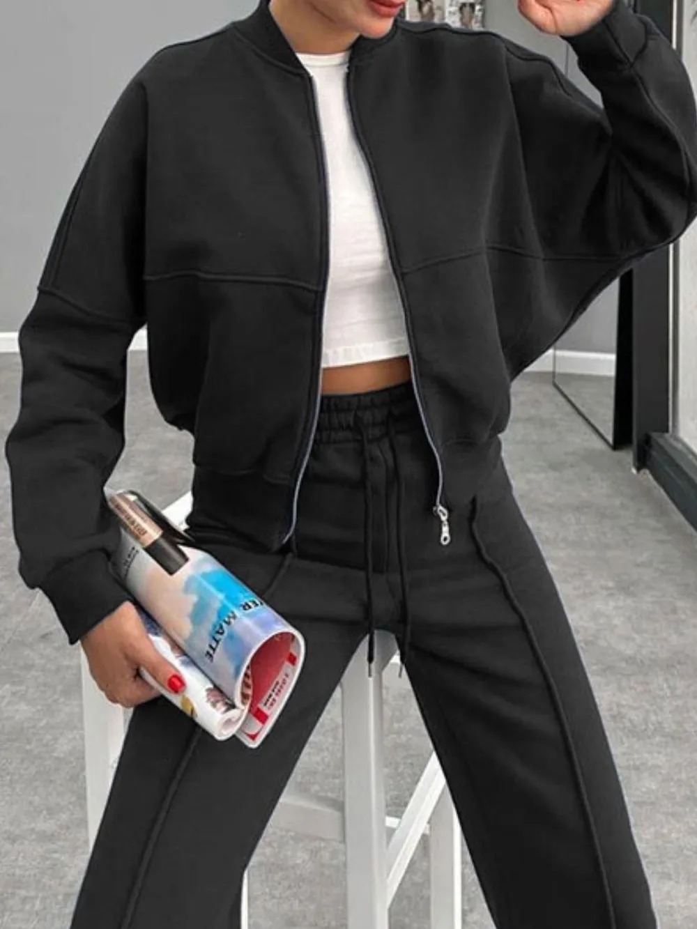 Baseball Collar Zip Up Outerwear and Drawstring Pants Set, image 16