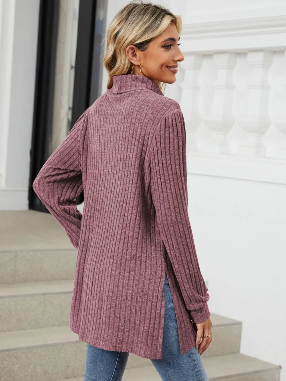 Slit Mock Neck Long Sleeve T-Shirt, image 11