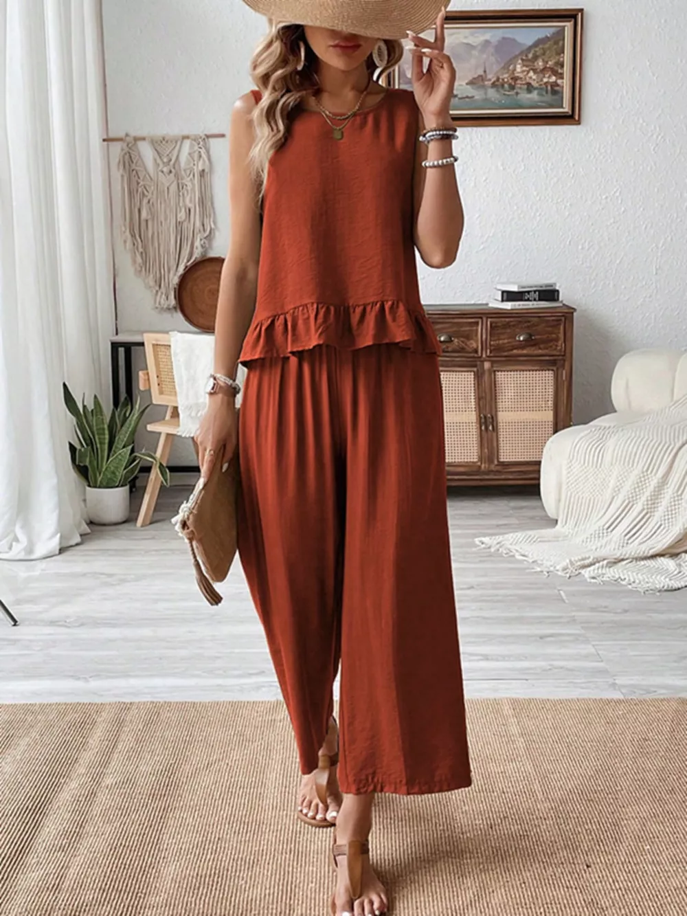 Sleeveless Ruffle Hem Tank and Wide Leg Two-Piece Set, image 2