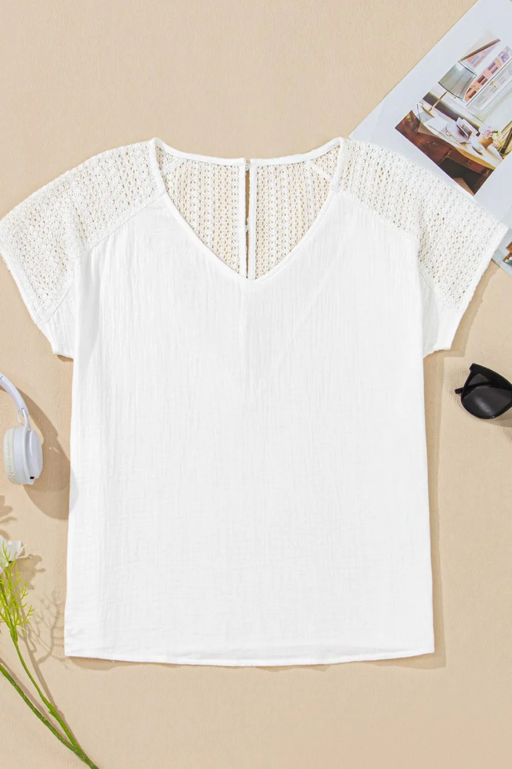 Lace Crochet Textured Button Back V Neck T Shirt, image 5