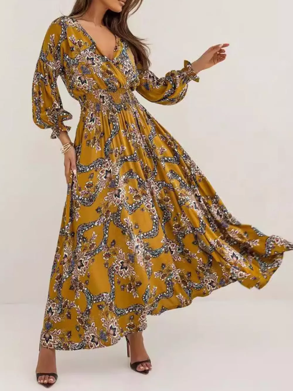 Bohemian Printed Maxi Dress with Plunging Neckline, image 11