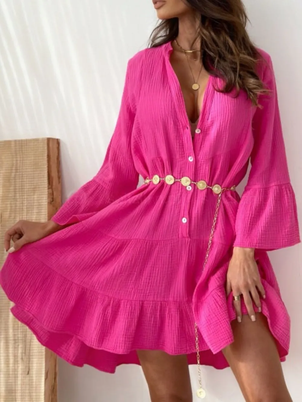 Button Detail Notched Long Sleeve Dress, image 9