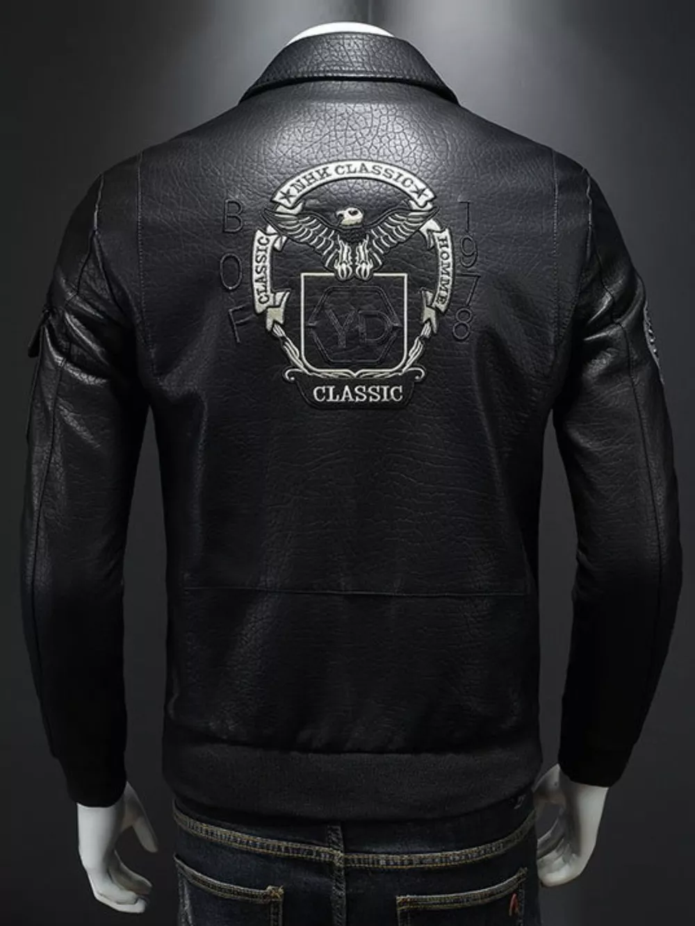 Men's Plus Size Zip Up Leather Bomber Jacket, image 3