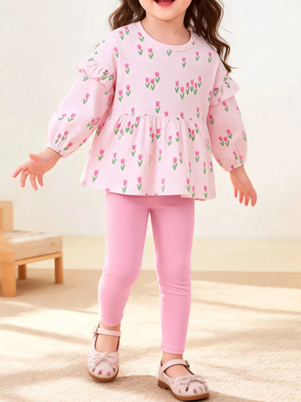 Children's Floral Print Peplum Top and Leggings Set