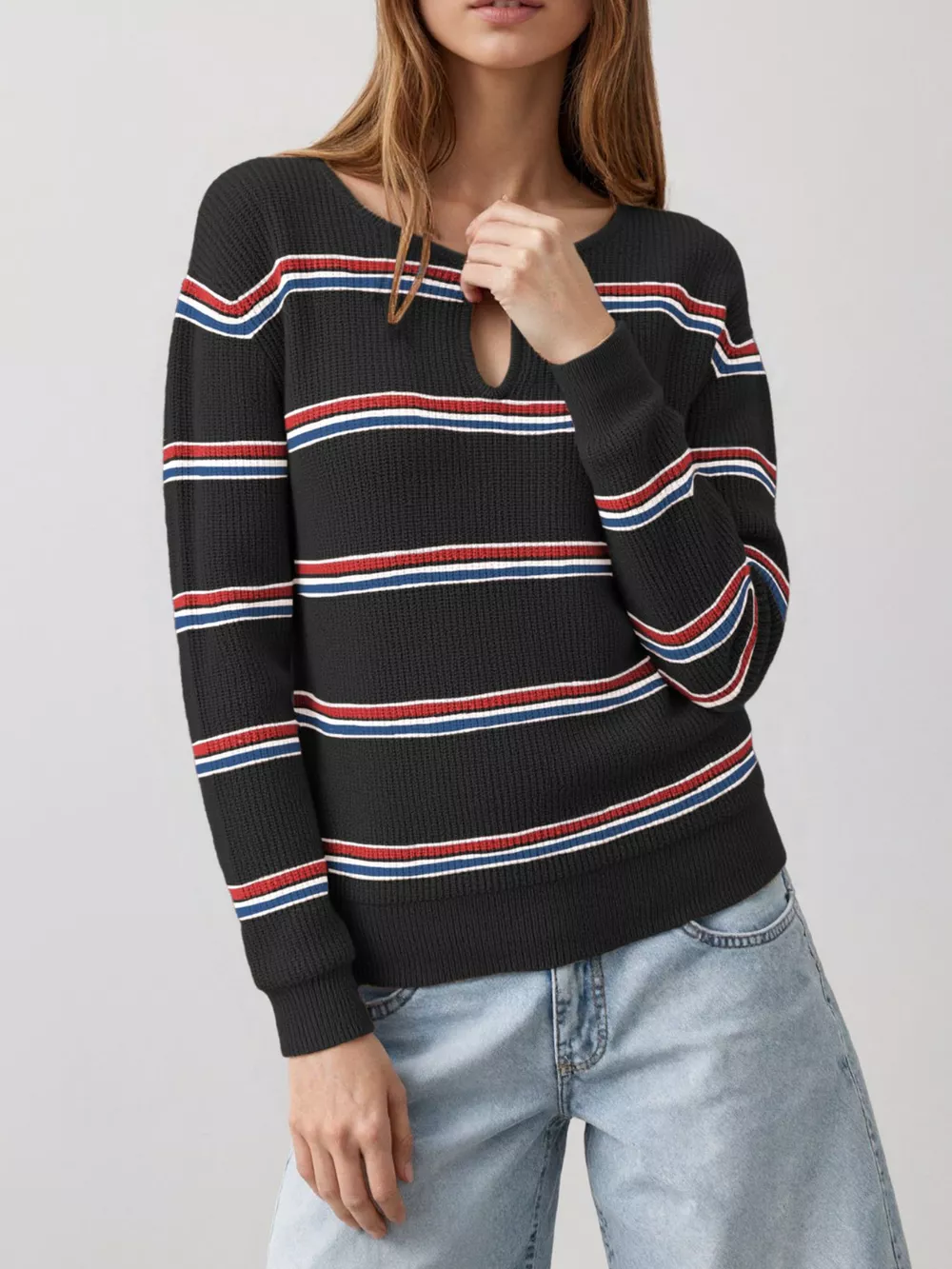 Striped Ribbed Knit Top with Keyhole Neckline, image 7