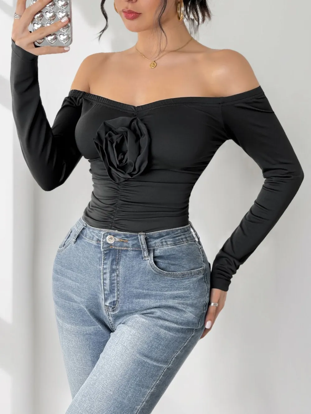 Ruched Flower Off-Shoulder Long Sleeve Bodysuit, image 3