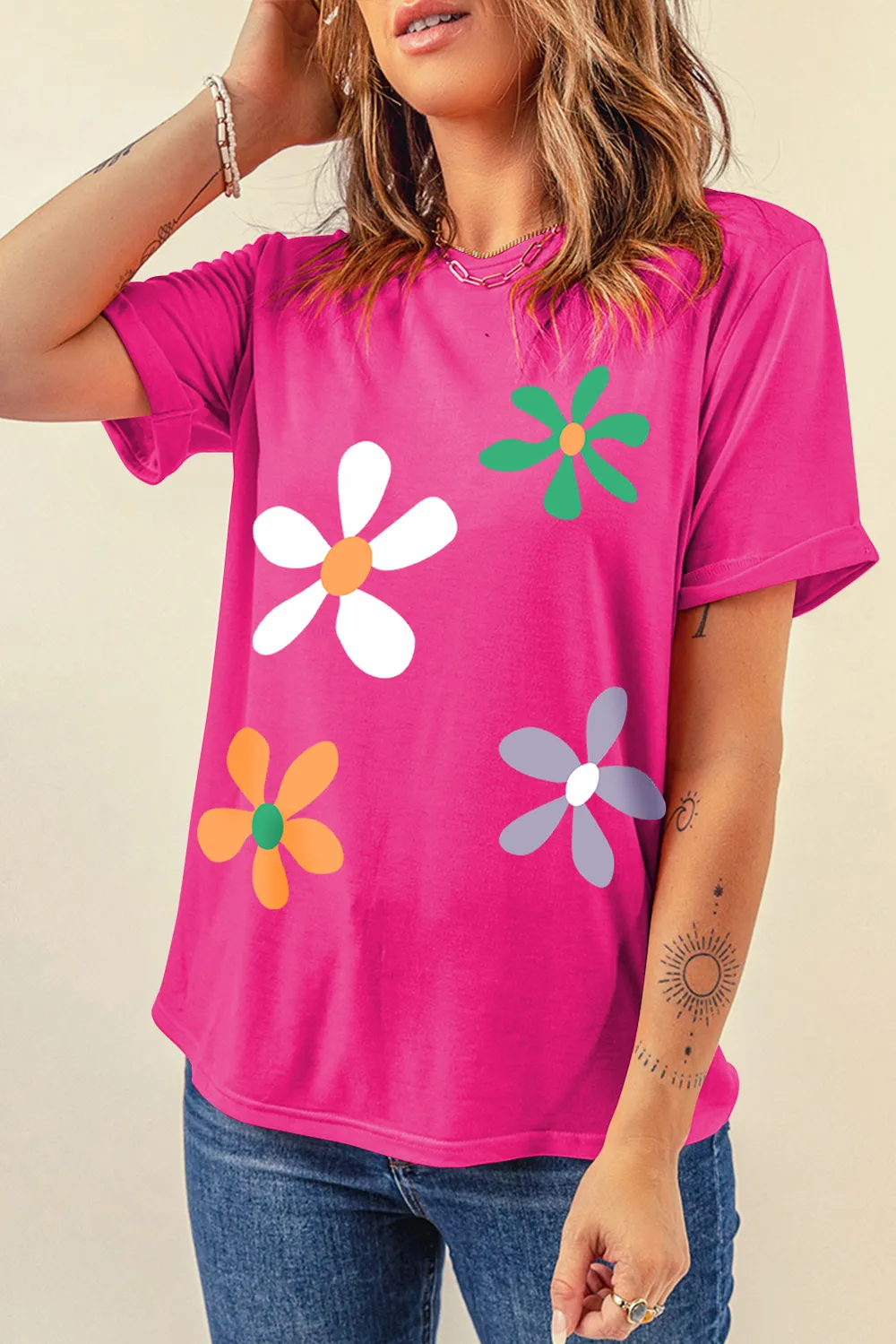 Flower Round Neck Short Sleeve T-Shirt, image 6