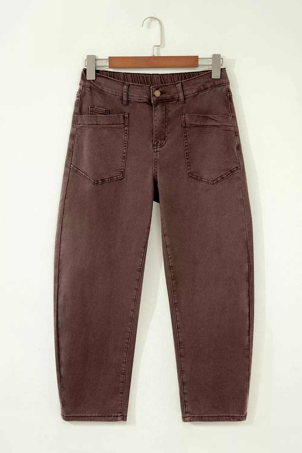 Solid Color Square Patch Pocket Ankle-length Barrel Jeans, image 10
