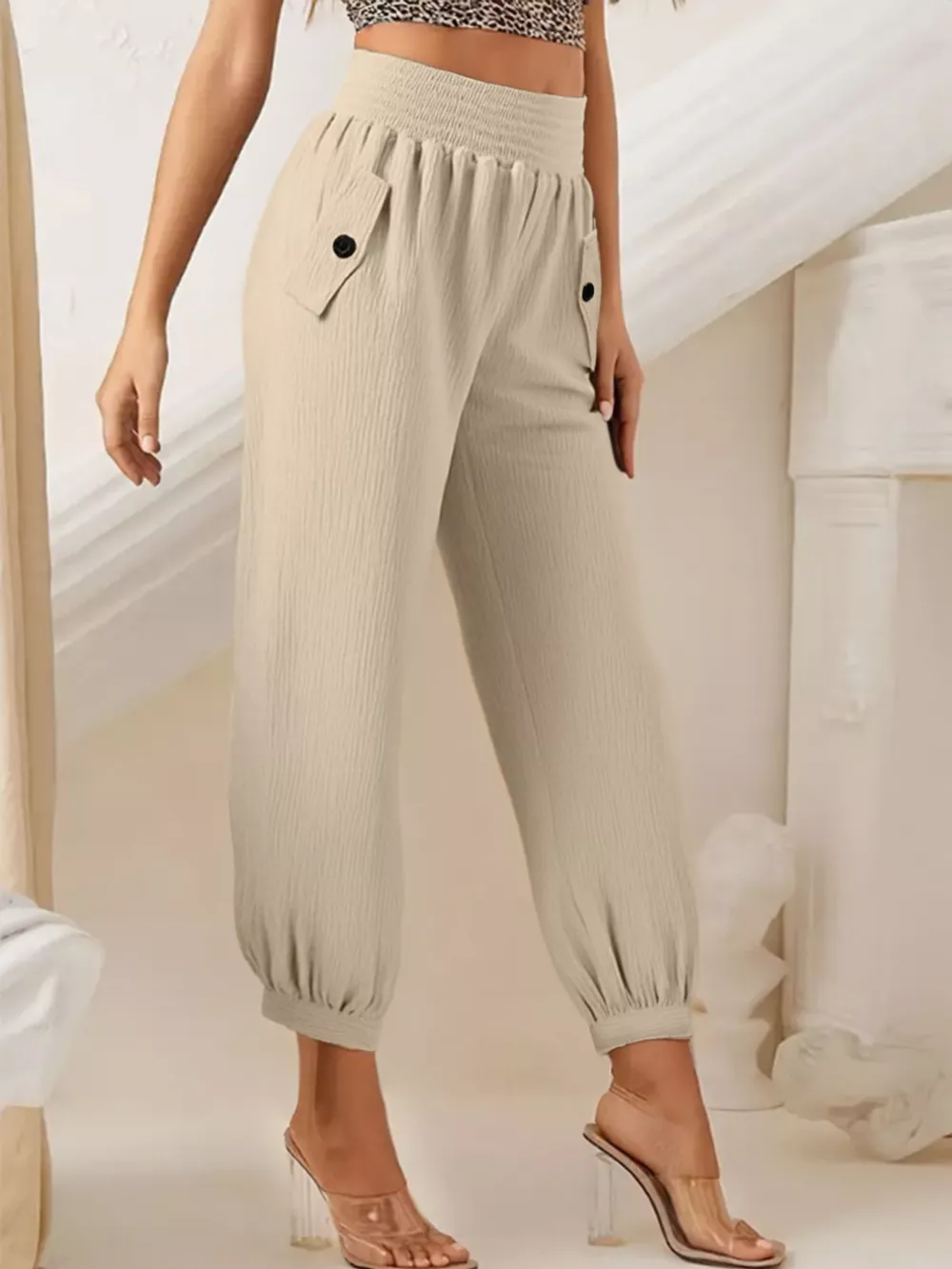 Smocked Textured Casual Pants, image 8
