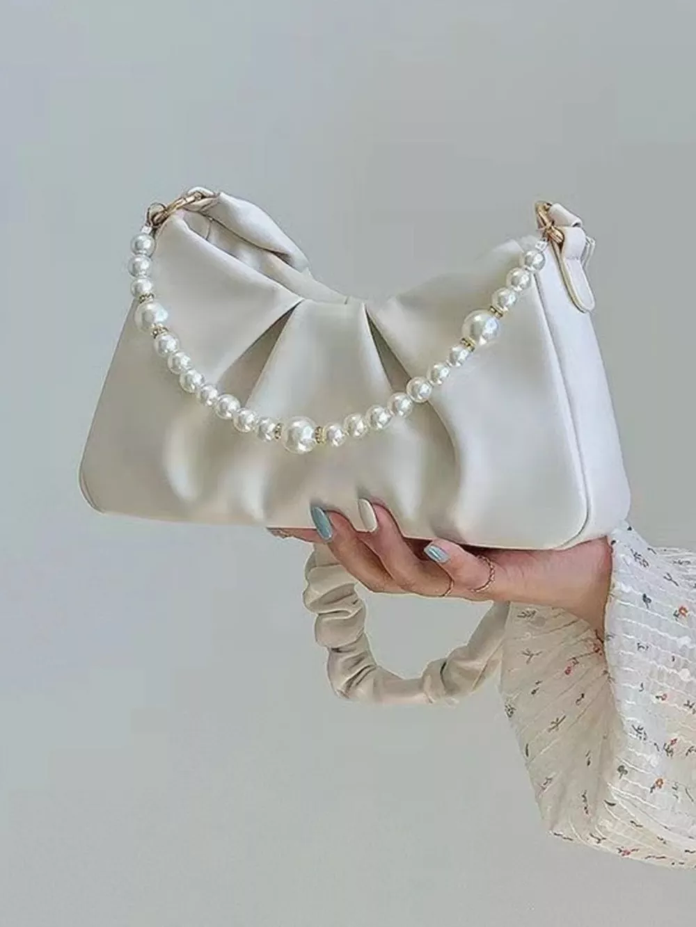Pearl Embellished Ruched Shoulder Bag, image 3