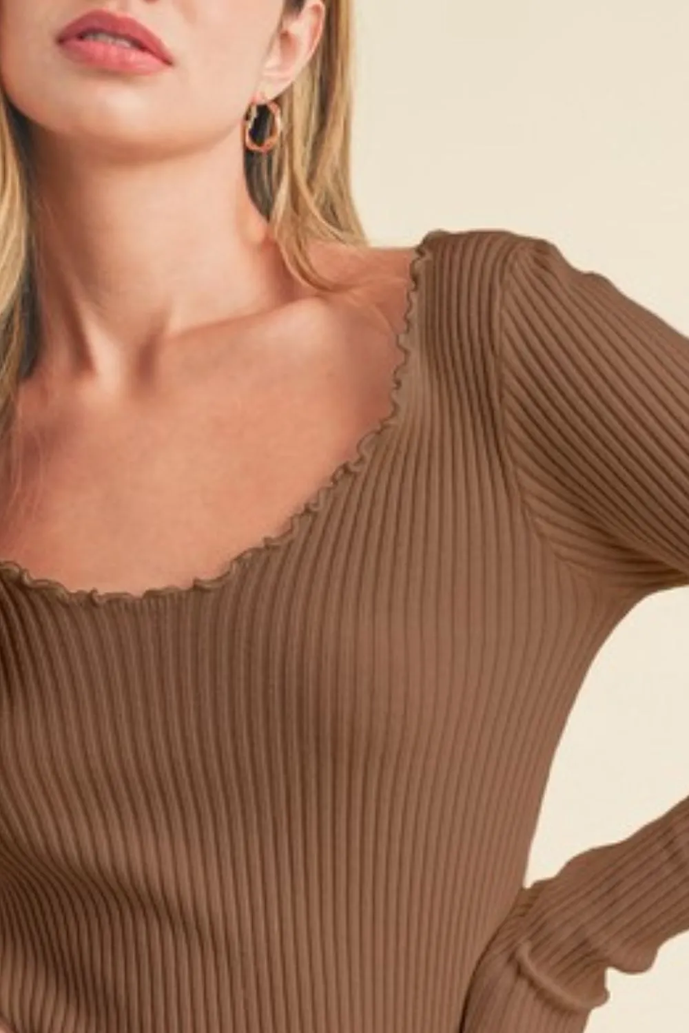 Lettuce Hem Scoop Neck Long Sleeve Knit Top, image 3