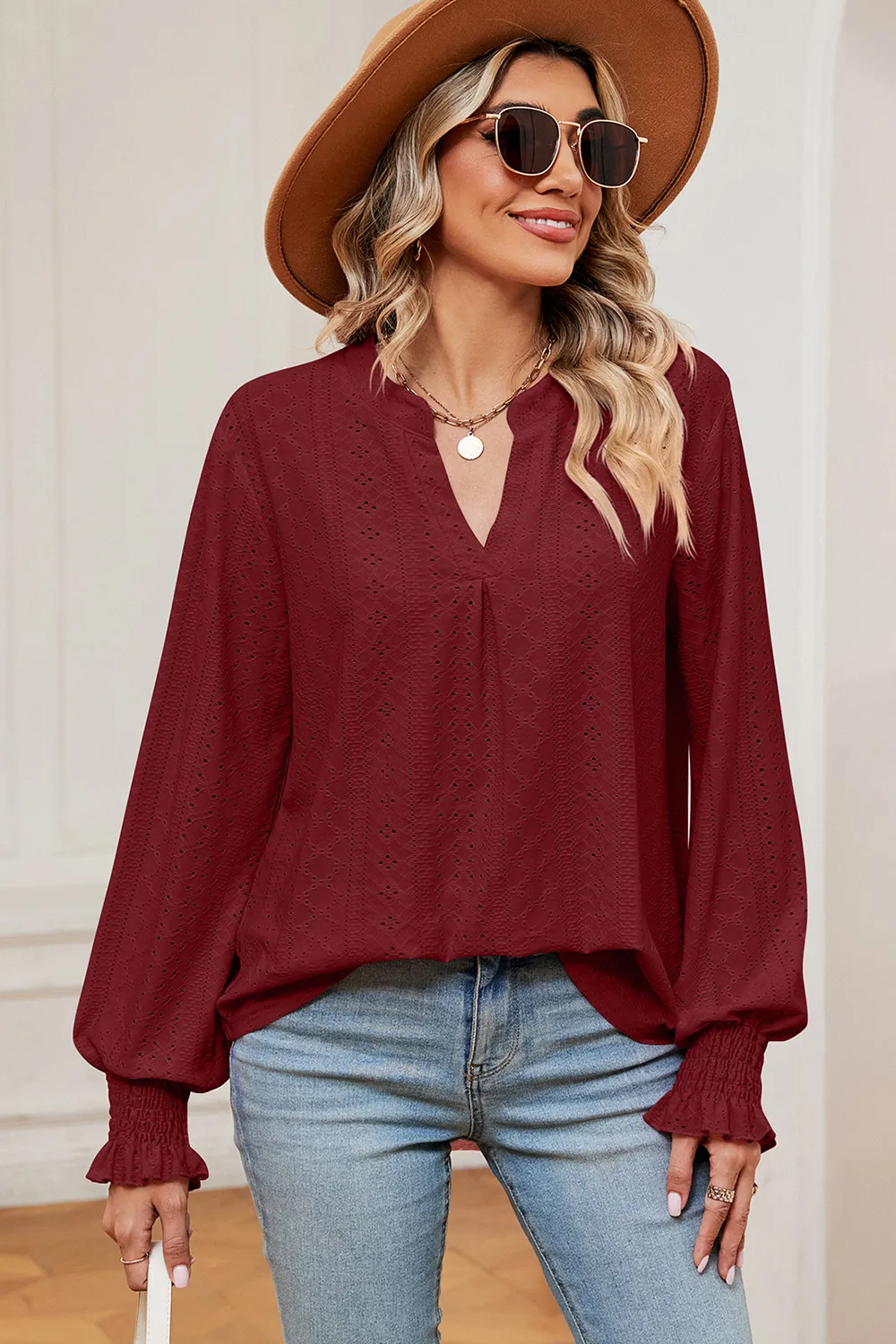 Eyelet Notched Long Sleeve T-Shirt, image 16