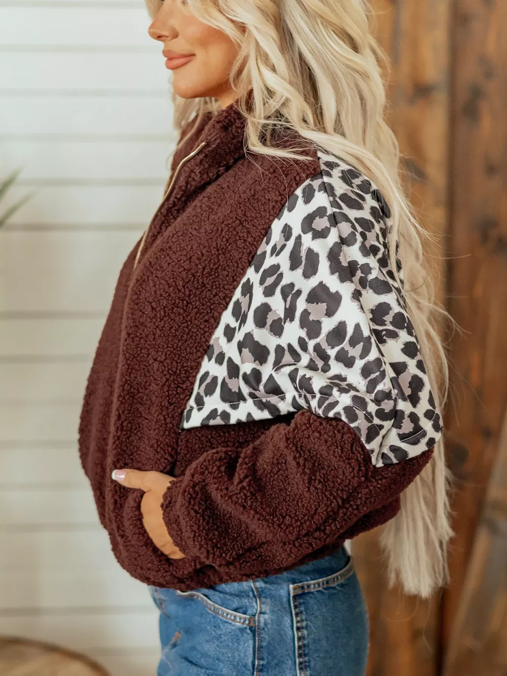 Leopard Patchwork Fleece Western Style Zip-up Collar Jacket, image 7
