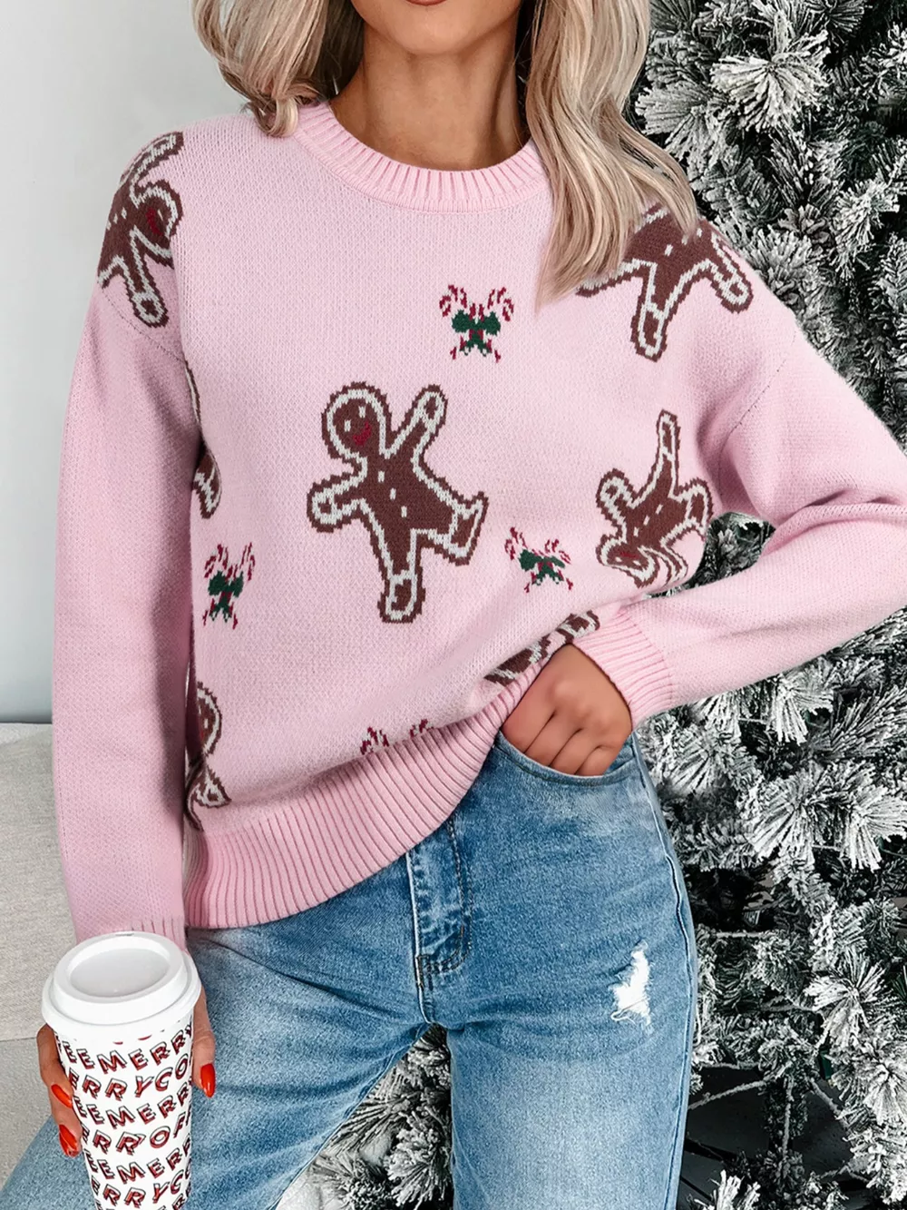 Christmas Ginger Bread Man Round Neck Casual Sweater