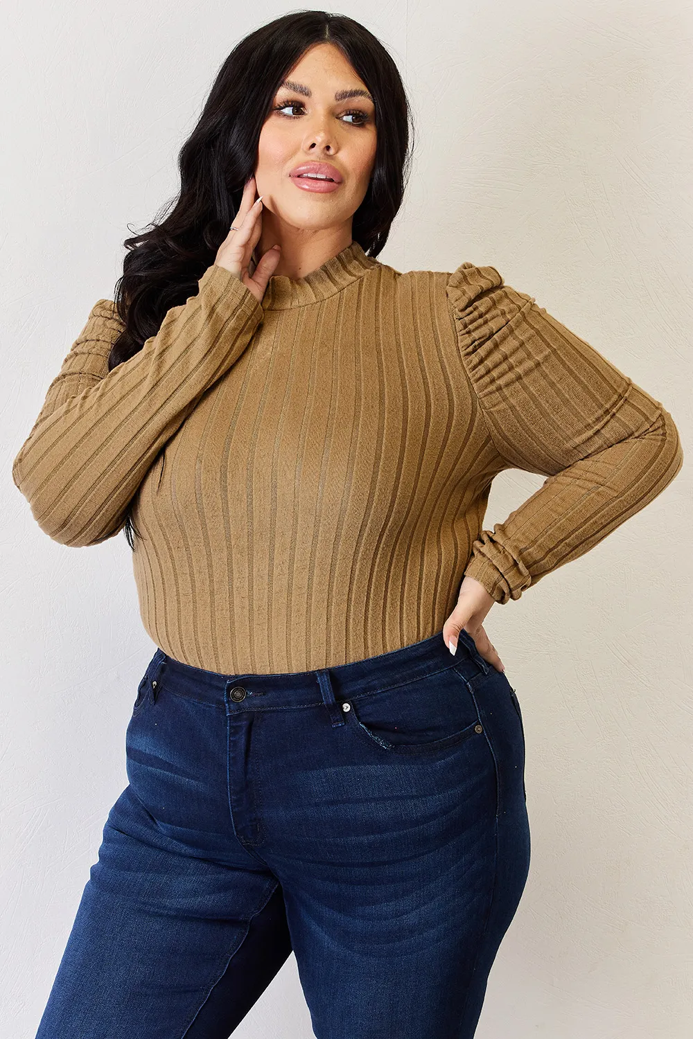 Full Size Ribbed Mock Neck Puff Sleeve T-Shirt, image 20