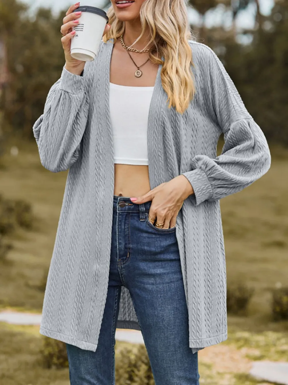Textured Open Front Dropped Shoulder Cardigan, image 6