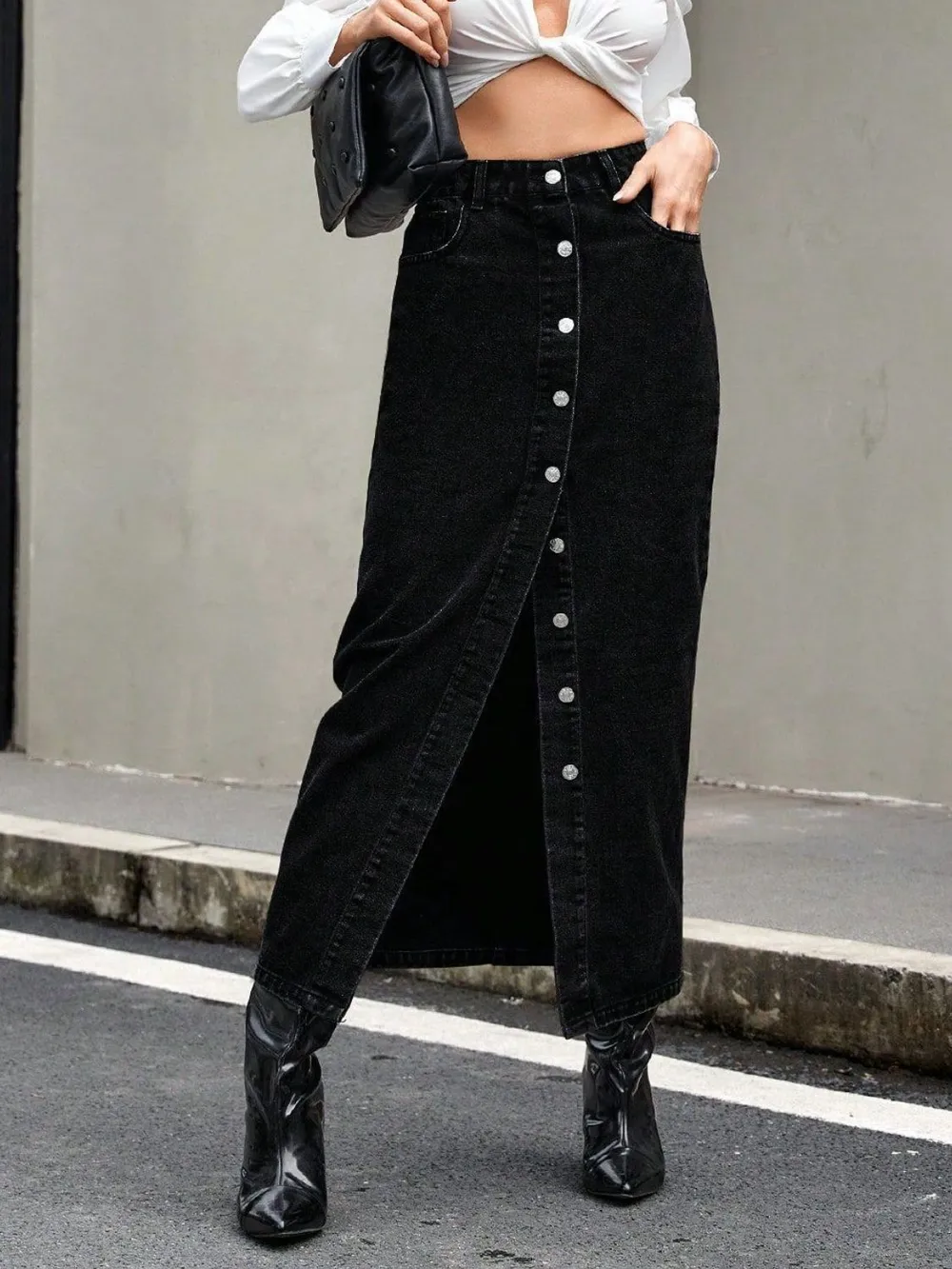Button Front Denim Skirt, image 3