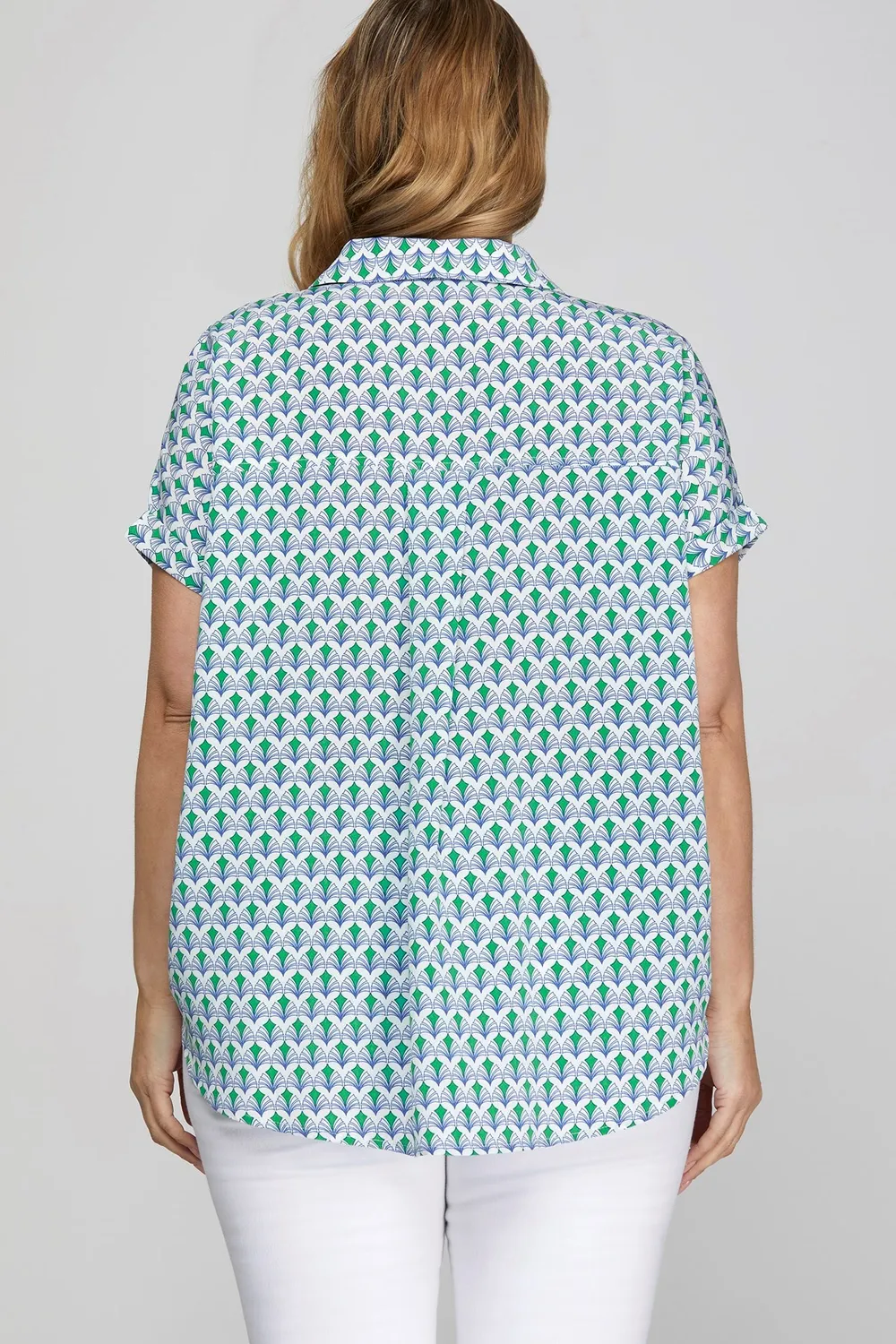 Full Size Printed Johnny Collar Short Sleeve Blouse Plus Size, image 5