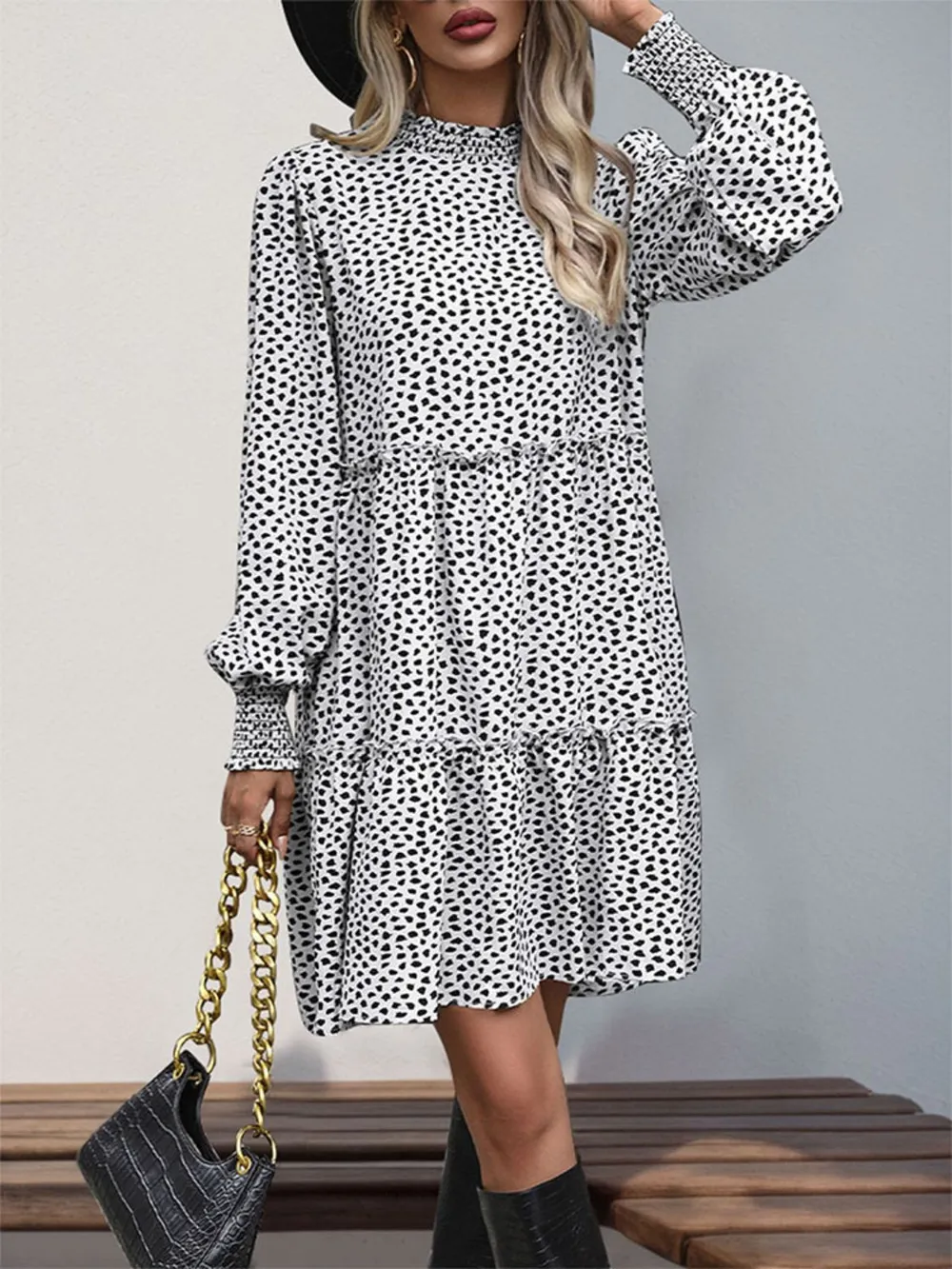 Frill Printed Mock Neck Long Sleeve Mini Dress, image 8