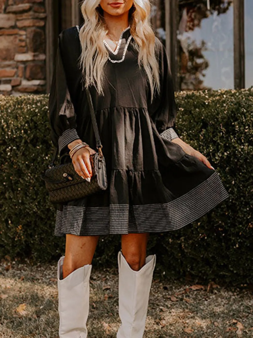 Striped Hem 3/4 Sleeve Tiered Dress, image 5