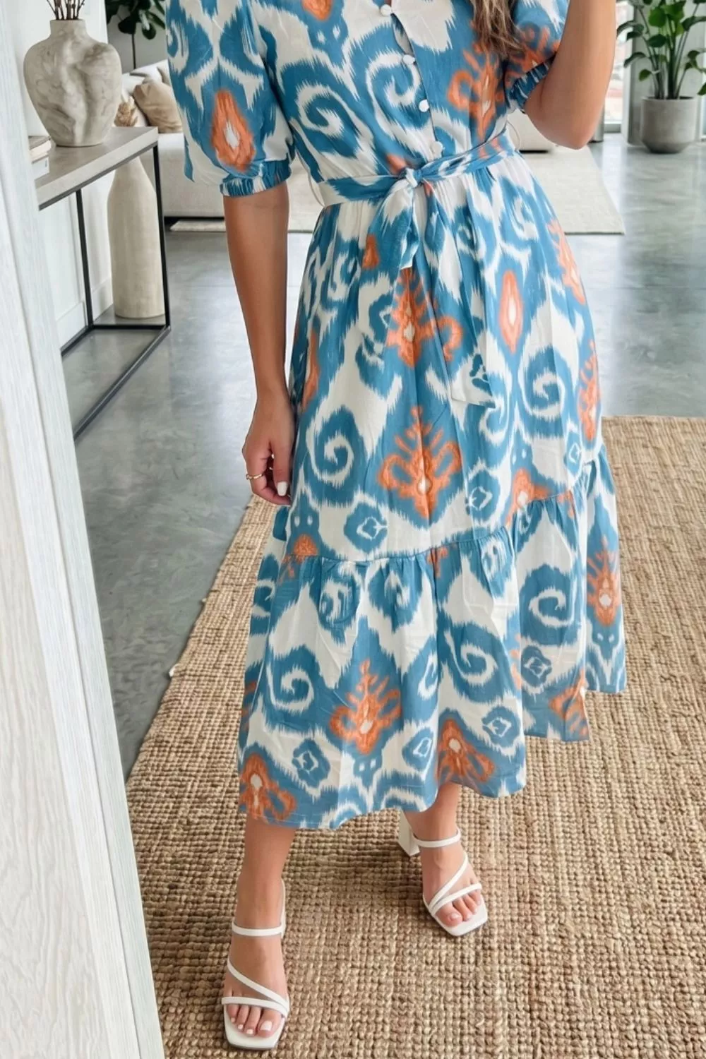 Floral Print Short Puff Sleeve Button Down Ruffle Hem Midi Dress, image 3