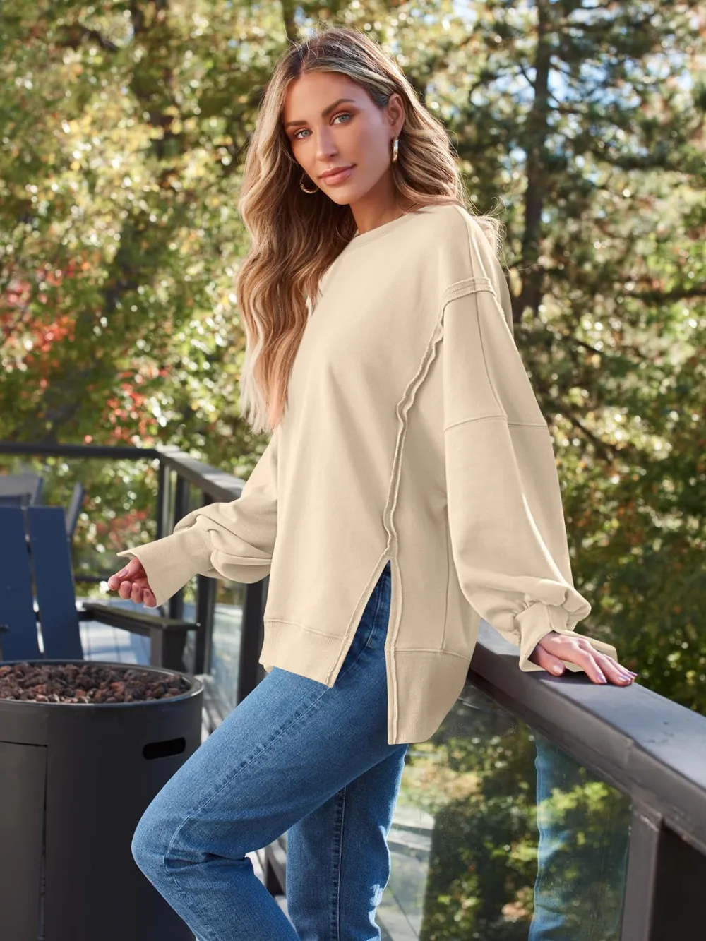 Slit Round Neck Long Sleeve Sweatshirt, image 12