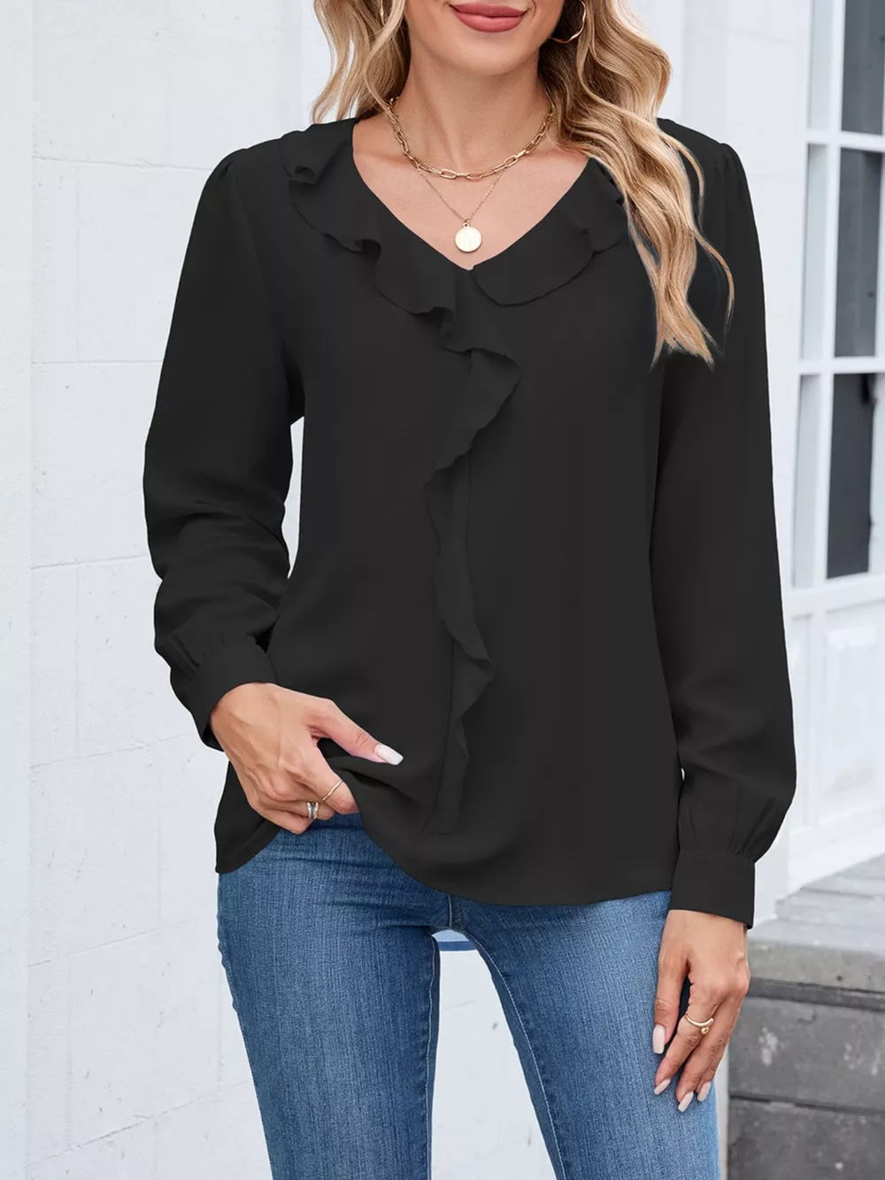 Ruffled V-Neck Long Sleeve Blouse, image 11