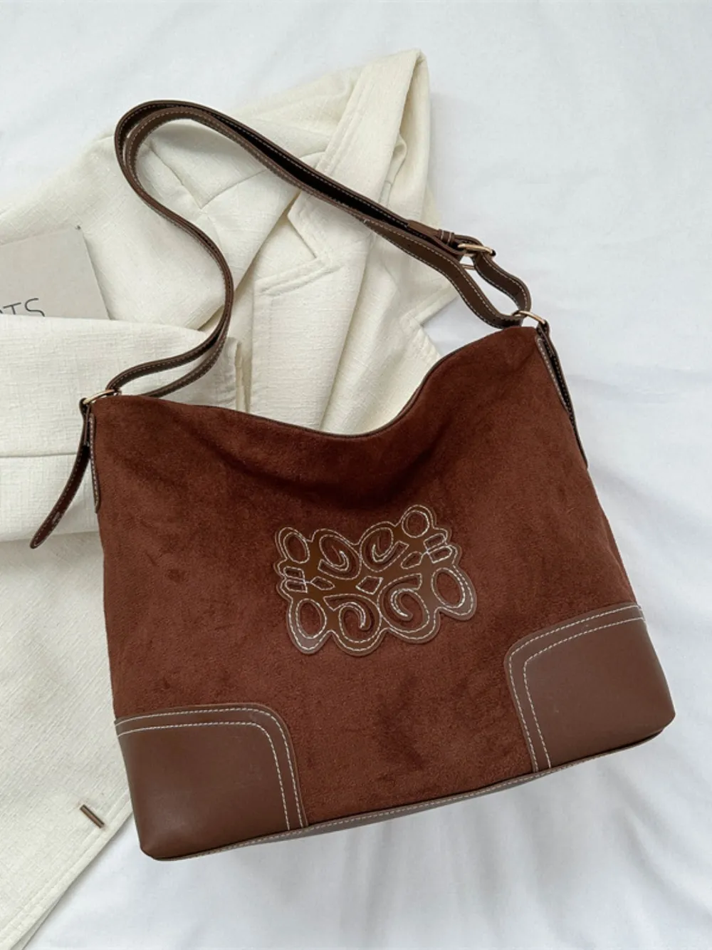 Suede Patch Adjustable Strap Tote Bag, image 2
