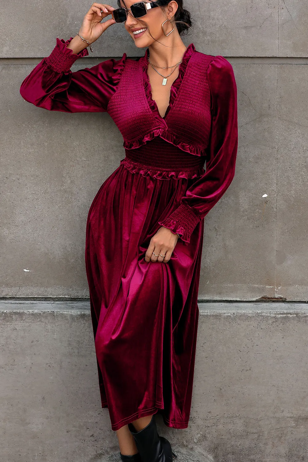 Smocked Lantern Sleeve Midi Dress, image 4
