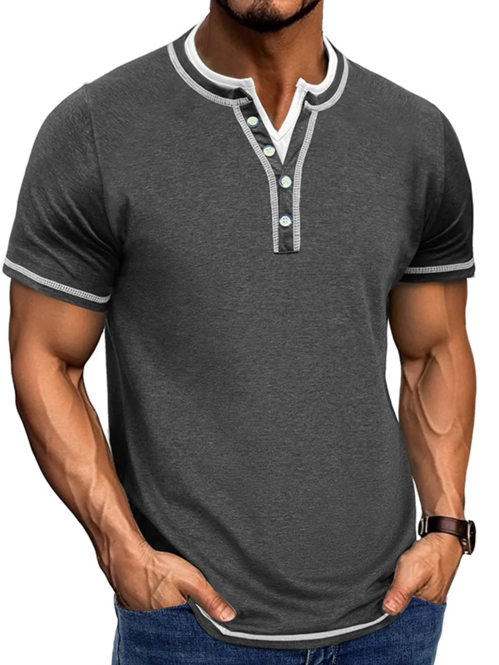 Men's Casual Henley Polo Shirt with Contrast Trim, image 6