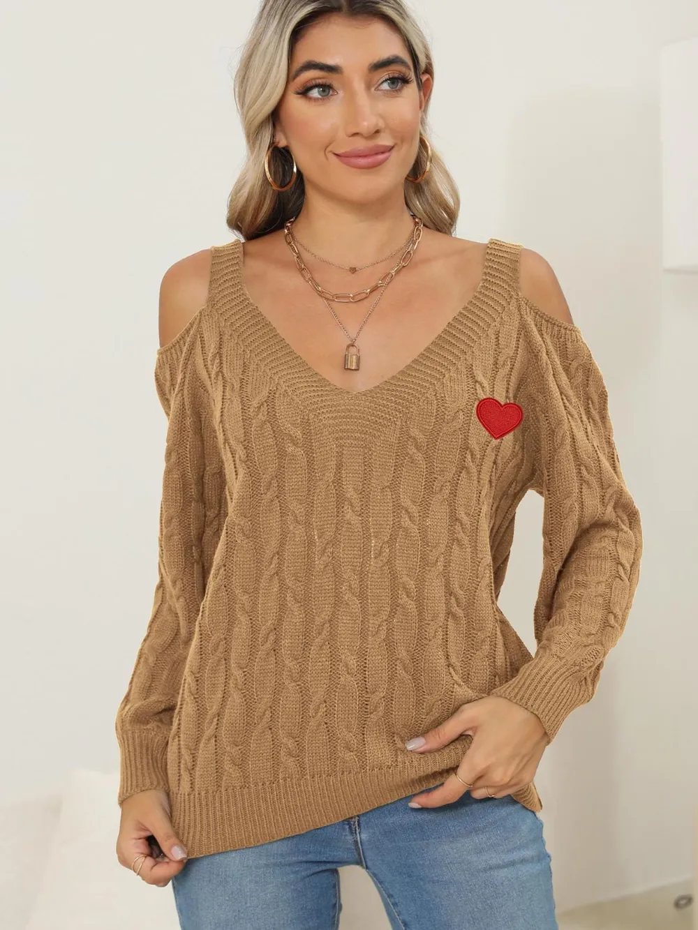 Cable-Knit Heart V-Neck Sweater, image 9