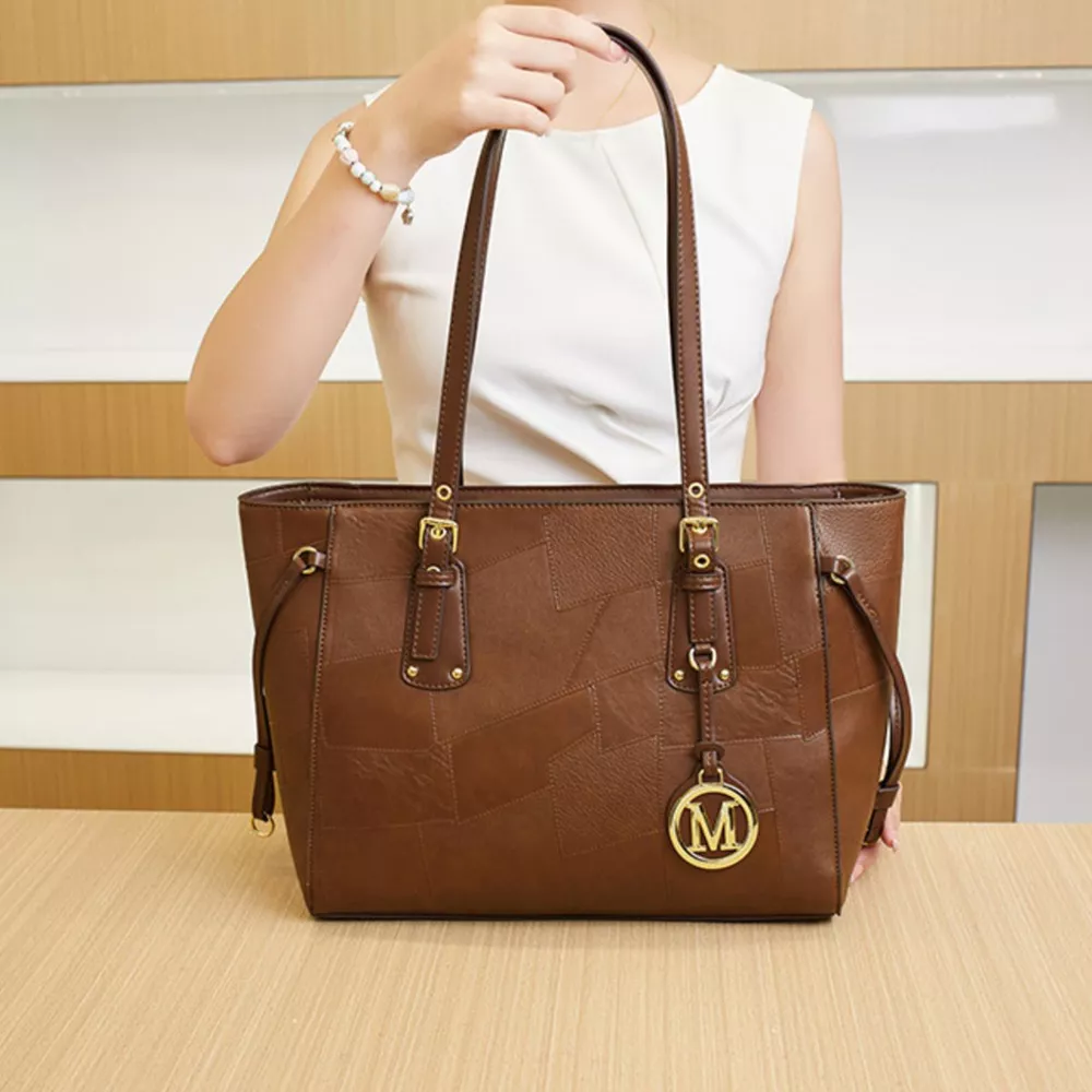 Patchwork Leather Tote Bag with Gold Logo Charm