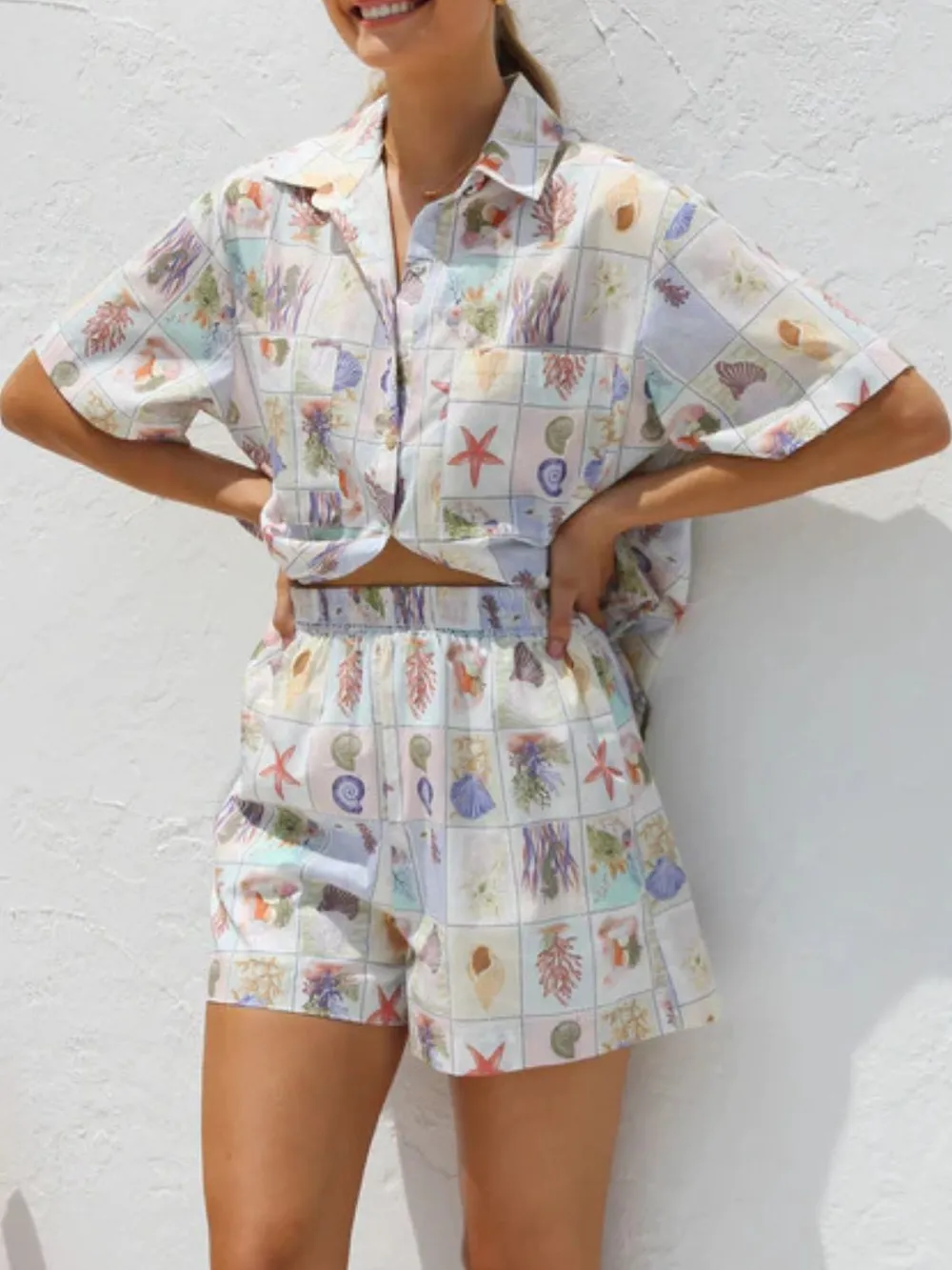 Printed Button Down Short Sleeve Top and Shorts Set, image 6